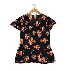 Dickies Scrub Top Women Small Black Floral V-Neck Short Sleeve Front Pockets